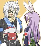  1girl ahoge animal_ears armband bag blush bunny_ears bunny_tail choker closed_eyes colored_eyelashes from_behind glasses hand_to_own_mouth japanese_clothes lavender_hair long_hair long_sleeves looking_at_another morichika_rinnosuke open_mouth outline red_cross red_eyes reisen_udongein_inaba sag_(karehabase) satchel short_hair silver_hair smile suit_jacket tail touhou two-tone_background 