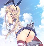  :3 anchor ass bad_id bad_pixiv_id black_panties blonde_hair blush brown_eyes butt_crack cloud day elbow_gloves gloves hair_ornament hairband highres kantai_collection long_hair looking_back open_mouth panties panty_lift rensouhou-chan shimakaze_(kantai_collection) skirt sky solo striped striped_legwear thighhighs thong uk-works underwear white_gloves 