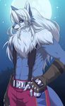  68 abs belt biceps black_nose blue_fur canine claws clothing fur gloves hair legendz long_hair looking_at_viewer male mammal moon muscles night open_mouth outside pants pecs sky solo stars topless white_hair wolf wolfy_the_werewolf 