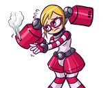  anaugi blonde_hair call_(mighty_no._9) call_a flying_sweatdrops glasses gloves hairpods highres mighty_no._9 pantyhose red-framed_eyewear robot robot_joints short_hair shorts solo steam striped striped_legwear striped_sleeves transparent_background 