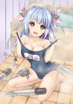  bad_id bad_pixiv_id bathroom bathtub blue_hair breasts fang hair_ornament hair_ribbon i-19_(kantai_collection) kantai_collection large_breasts long_hair name_tag one-piece_swimsuit open_mouth red_eyes ribbon school_swimsuit smile solo star star-shaped_pupils swimsuit swimsuit_pull symbol-shaped_pupils terakoya torpedo twintails water 