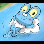  amphibian blue_fur blush froakie frog fur looking_at_viewer nanikoulei nintendo outside pok&#233;mon pok&eacute;mon smile solo two_toes video_games water yellow_eyes 