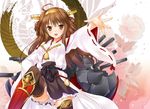  47agdragon :d ahoge blush brown_eyes brown_hair detached_sleeves double_bun frilled_skirt frills hair_ornament hairband japanese_clothes kantai_collection kongou_(kantai_collection) long_hair looking_at_viewer nontraditional_miko open_mouth ribbon-trimmed_sleeves ribbon_trim skirt smile solo thighhighs v-shaped_eyebrows 