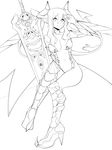  absurdres boots breasts center_opening choker cleavage demon_girl demon_horns detached_sleeves fearless_night greyscale hell_princess high_heel_boots high_heels highres horns knee_boots large_breasts lineart low_wings monochrome navel pigeon-toed pointy_ears revision smile spike_wible sword weapon wings 