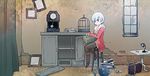  blue_eyes boots clock inuinui jacket original silver_hair sitting skirt solo table treasure_chest window 