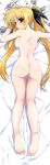  absurdres ass backboob barefoot bed bed_sheet blonde_hair blush breasts dakimakura fate_testarossa from_above from_behind full_body highres large_breasts legs long_hair looking_at_viewer looking_back lying lyrical_nanoha mahou_shoujo_lyrical_nanoha_strikers no_pussy nude on_bed on_stomach red_eyes solo tim_tim_machine twintails 