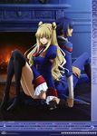  1girl absurdres back-to-back black_footwear black_legwear black_neckwear blonde_hair blue_eyes blue_hair boots calendar_(medium) cat code_geass code_geass:_boukoku_no_akito copyright_name highres hyuuga_akito indoors leila_(code_geass) long_hair necktie shimamura_hidekazu sitting thigh_boots thighhighs uniform 