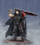  armor artificial_arm berserk black_hair blood cape dragonslayer_(sword) guts highres huge_weapon knife male male_focus rain scar scars space_marine sword tapped_fist throwing_knife throwing_knives warhammer_40k weapon 