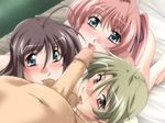  1boy 3girls binetsu_kyoushi_cherry blush breasts brown_hair caressing_testicles earrings game_cg green_hair group_sex hise_chirei jewelry kanai_mamiko large_breasts multiple_girls penis pov sweat uncensored wet yamane_masahiro zyx 