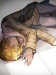  1boy black_neckwear blonde_hair hatoful_kareshi highres indoors jacket long_sleeves lying male_focus nanaki_kazuaki on_side pants shadow simple_background sleeping solo sunlight twitter_username yororitutata 