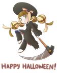  beret blonde_hair braid brown_hair call_(mighty_no._9) call_i green_eyes happy_halloween hat highres long_hair mighty_no._9 multicolored_hair sabasse scythe smile solo transparent_background twin_braids two-tone_hair weapon 