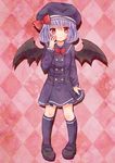  :o alternate_costume argyle argyle_background bad_id bad_pixiv_id bat_wings bebitera bow dress hand_on_own_face hat hat_ribbon highres kneehighs lavender_hair long_sleeves looking_at_viewer mary_janes pigeon-toed pink_background red_eyes remilia_scarlet ribbon sailor_dress shadow shoes short_hair skirt_hold solo touhou wings 