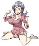  barefoot between_breasts black_hair breasts cat cleavage duel_masters gebyy-terar huge_breasts kitten long_hair naked_sweater purple_eyes sitting solo sweater tasogare_mimi too_many too_many_cats twintails wariza 