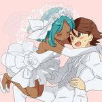  1girl bare_shoulders blue_hair blush bridal_veil brown_eyes brown_hair closed_eyes couple dark_skin dress elbow_gloves glomp gloves head_wreath hetero hug ichinose_kazuya inazuma_eleven inazuma_eleven_(series) long_hair saito_katuo short_hair urabe_rika veil wedding_dress 