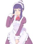  1girl akinbo_(hyouka_fuyou) apron bangs blue_eyes blunt_bangs blush character_request embarrassed long_hair long_skirt long_sleeves looking_away maid maid_headdress purple_hair purple_shirt purple_skirt red_neckwear shirt simple_background skirt solo standing sweatdrop tied_hair white_apron white_background 