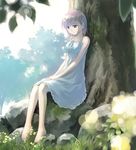  bare_shoulders barefoot blue_eyes dress ikeda_jun_(mizutamari) nature original purple_hair revision short_hair solo tree white_dress 