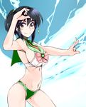  bishoujo_senshi_sailor_moon black_eyes black_hair bow bra breasts choker cosaten cosplay green_choker green_sailor_collar hair_bobbles hair_ornament large_breasts navel panties pink_bow sailor_collar sailor_jupiter sailor_jupiter_(cosplay) sailor_moon_narikiri_bra_set sailor_senshi_uniform school_rumble sideboob solo sparkle stomach suou_mikoto underwear underwear_only v 