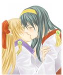  arm_grab blonde_hair blue_hair bow closed_eyes couple hair_between_eyes hair_bow hairband himemiya_chikane kannazuki_no_miko kiss kurusugawa_himeko long_hair mico3 multiple_girls white_background yellow_hairband yuri 