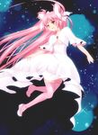  bow breasts cleavage dress full_body gloves hair_ribbon hina-uta kaname_madoka long_hair looking_away magical_girl mahou_shoujo_madoka_magica pink_hair ribbon shoes small_breasts smile solo thighhighs two_side_up ultimate_madoka very_long_hair yellow_eyes zettai_ryouiki 