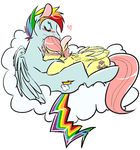  blush cleppyclep cloud crossgender cutie_mark cyan_body equine eyes_closed feathers fluttershy_(mlp) friendship_is_magic fur hair horse long_hair male mammal multi-colored_hair my_little_pony pegasus pink_hair plain_background pony rainbow_dash_(mlp) rainbow_hair rainbow_tail white_background wings yellow_fur 