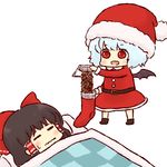  :d =_= bat_wings batta_(ijigen_debris) blue_hair chibi food futon hakurei_reimu hat multiple_girls nattou open_mouth pouring prank red_eyes remilia_scarlet santa_costume santa_hat short_hair simple_background sleeping smile socks touhou wavy_mouth white_background wings 