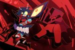  aqua_skin berserk_ryuuko black_hair blood kill_la_kill maho_(boku_no_kao_wo_otabeyo) matoi_ryuuko monster red_background scissor_blade senketsu sharp_teeth short_hair solo spikes spoilers teeth thighhighs yellow_eyes 