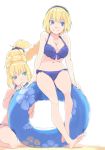  2girls absurdly_long_hair akinbo_(hyouka_fuyou) artoria_pendragon_(all) artoria_pendragon_(swimsuit_archer) barefoot bikini blonde_hair blue_bikini blue_eyes blue_hairband blue_scrunchie braid braided_ponytail breasts collarbone fate/grand_order fate_(series) floral_print frown green_eyes hair_ornament hair_scrunchie hairband head_tilt highres innertube jeanne_d&#039;arc_(fate) jeanne_d&#039;arc_(fate)_(all) jeanne_d&#039;arc_(swimsuit_archer) large_breasts long_hair multiple_girls navel scrunchie short_hair simple_background single_braid sitting sketch smile swimsuit very_long_hair white_background 