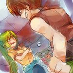 1girl angry aura brown_hair clenched_hand clenched_hands clenched_teeth clothes_around_waist crossed_arms dark_aura dutch_angle green_hair higurashi_no_naku_koro_ni indoors long_hair lowres maebara_keiichi nuancho outstretched_arm puffy_short_sleeves puffy_sleeves shirt short_sleeves smirk sonozaki_mion sweat t-shirt teeth very_long_hair window 