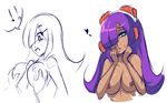  1girl breasts collage dark_nipples dark_skin disembodied_penis drcockula green_eyes hair_ornament hair_over_one_eye hetero large_breasts layer lips mole nipples nude paizuri partially_colored penis purple_hair robot_ears rockman rockman_x upper_body 