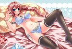  1girl bed blue_eyes blush bra breasts brown_hair emperpep female final_fantasy final_fantasy_xiii long_hair looking_at_viewer lying navel on_back panties pillow serah_farron side-tie_panties smile solo thighhighs underwear 