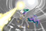  beam cloud crimsonbugeye crown equine female flying friendship_is_magic glowing glowing_eyes gold hair horn horse mammal multi-colored_hair my_little_pony necklace outside pony princess_celestia_(mlp) sparkles storm storm_cloud storm_clouds winged_unicorn wings 