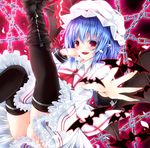  album_cover bat bat_wings black_legwear blue_hair blush boots bow brooch chain cover elbow_rest fangs ginzake_(mizuumi) hat hat_bow jewelry mob_cap open_hand red_eyes remilia_scarlet solo thighhighs touhou wings zipper zipper_pull_tab 