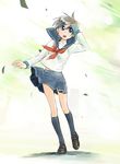  black_legwear blue_eyes brown_hair hand_on_own_head ikeda_jun_(mizutamari) kneehighs leaf loafers open_mouth original sailor_collar_lift school_uniform serafuku shoes short_hair socks solo wind 