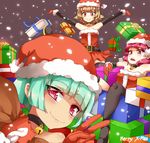  1boy 2girls aqua_hair bell bell_choker belt black_legwear borrowed_character box brown_hair choker christmas crossdressing detached_sleeves enki_(dragonfire) flat_chest fur_trim gift gift_box gloves hair_ornament haru_(naso4) hat highres hina_(naso4) merry_christmas multiple_girls nagi_(naso4) original pink_eyes pink_hair red_eyes red_gloves santa_costume santa_hat short_hair snowing thighhighs trap v 