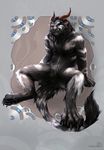  abstract_background anthro body_markings charr claws collar fangs feline fur guild_wars horn looking_at_viewer male mammal markings nude paws shalinka smile solo teeth toned video_games 