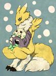  3_toes ambiguous_gender anthro black_nose blue_eyes brown_eyes canine claws clothing digimon digimon_tamers duo fox fur gloves mammal nasi0505 plain_background renamon terriermon toe_claws white_fur yellow_fur yin_yang 