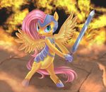  armor cyan_eyes equine female feral fire fluttershy_(mlp) friendship_is_magic fur hair horse looking_at_viewer mammal my_little_pony pegasus pink_hair pony pony-slayer solo sword weapon wings yellow_fur 