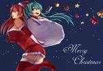  aqua_eyes christmas elbow_gloves garter_straps gloves green_hair hat hatsune_miku high_heels highres in_container in_sack kyouya_(mukuro238) long_hair megurine_luka merry_christmas multiple_girls open_mouth red_gloves red_hair sack santa_costume santa_hat thighhighs vocaloid 