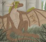  anthro blonde_hair brown_eyes canine dragon grass hair horn hybrid mammal nude outside sitting solo wemd western_dragon wings 
