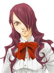  bangs bow bowtie brown_eyes dress_shirt hair_over_one_eye kirijou_mitsuru long_hair mico3 parted_bangs parted_lips persona persona_3 purple_hair shirt solo striped striped_shirt upper_body vertical_stripes wavy_hair white_background 