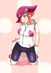  1girl bike_shorts blush female highres kouzuki_anna latex miniskirt nurumoji red_hair skin_tight skirt skirt_lift solo yu-gi-oh! yuu-gi-ou_zexal 