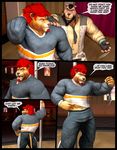  3d anthro bear beard black_hair bovine bow_tie braford bulge clothing comic dialog duo english_text facial_hair feline gloves grin hair horn justin_(braford) lion looking_at_viewer male mammal muscles pole sarge_(braford) seductive smile teasing text 