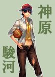  bakemonogatari bandages baseball_cap basketball blue_hair brown_eyes denim hat irohara_mitabi jeans kanbaru_suruga midriff monogatari_(series) navel pants short_hair smile solo torn_clothes 