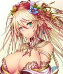  aqua_eyes blonde_hair blush breasts cleavage ear_ornament flower hair_flower hair_ornament kara_(color) large_breasts long_hair original pointy_ears simple_background smile solo white_background 