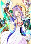  bangs breasts choker cleavage dress earrings eyes_closed game_arts grandia grandia_i hat highres jewelry kayama_kenji liete liete_(grandia) magic paintbrush parted_bangs payot pointy_ears purple_hair reki_48 short_hair sidelocks smile solo 