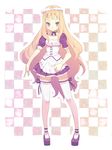  bangs blonde_hair bow checkered checkered_background dress fangs frills full_body hair_bow highres leg_garter long_hair looking_at_viewer mary_janes neck_ribbon original pink platform_footwear purple_eyes ribbon shoes simple_background solo standing tam-u thigh_ribbon thighhighs very_long_hair waitress zettai_ryouiki 