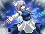  apron armband blue_background blue_eyes breasts brooch hat jewelry juliet_sleeves large_breasts lavender_hair letty_whiterock light_trail long_sleeves looking_at_viewer outstretched_arms parted_lips puffy_sleeves scarf short_hair skirt skirt_set snowflakes solo spread_arms suikyou_(aqua_cities) touhou waist_apron 
