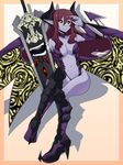 black_sclera boots breasts center_opening choker cleavage colorized demon_girl demon_horns demon_tail detached_sleeves fearless_night hell_princess high_heel_boots high_heels highres horns knee_boots low_wings medium_breasts navel pigeon-toed pointy_ears purple_skin red_hair smile spike_wible sword tail weapon wings yellow_eyes 