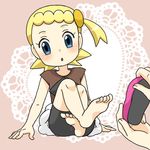  1girl barefoot blonde_hair blue_eyes child eureka_(pokemon) feet kurumi_(forte) legs lowres nintendo open_mouth pokemon pokemon_(anime) pokemon_(game) pokemon_xy shoes soles solo toes 