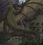  anthro anus cum cum_on_self dragon erection grass horn long_tongue lying male masturbation nude open_mouth penis russian_text scalie solo spikes teeth text tongue tongue_out wemd wings 
